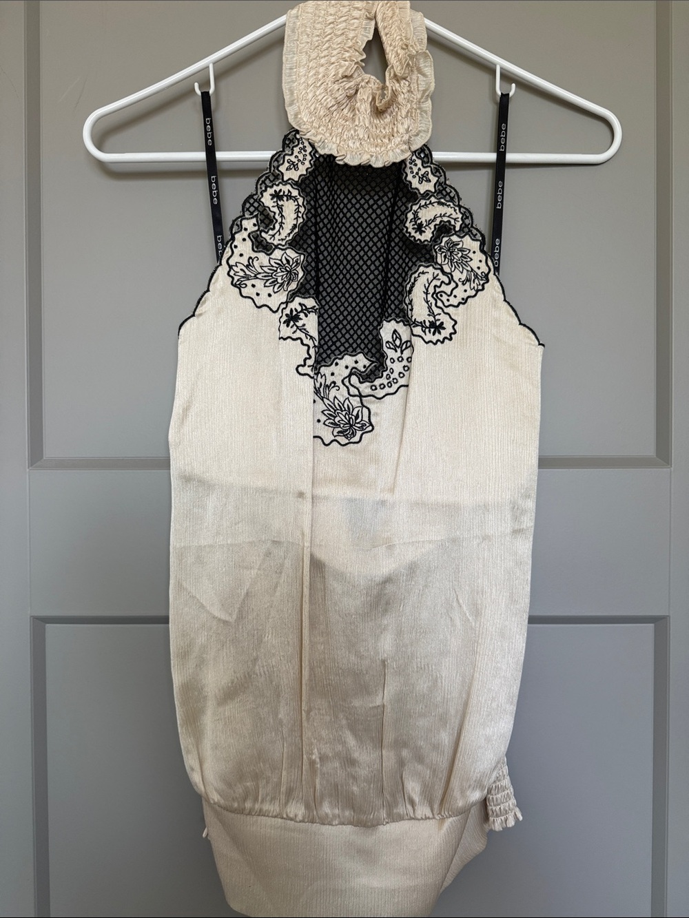 bebe 100% Silk Black and Cream Lace-Embroidered Halter Top